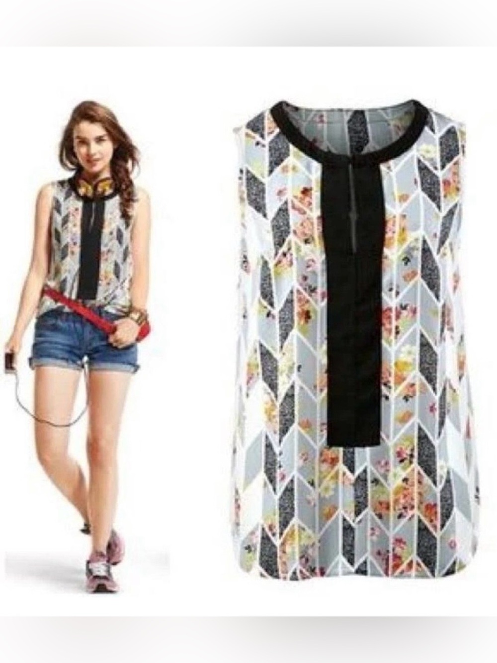 CAbi Light Blue Floral Chevron Sleeveless Top with Black Trim